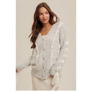 NWT Hem & Thread Wool Blend Knit Cardigan SZ Large Grey Light Lace Bow Romantic